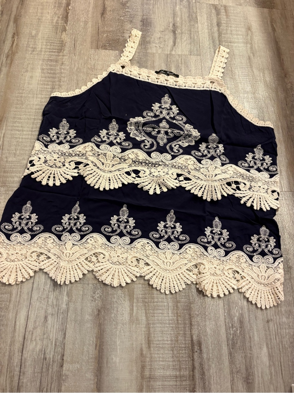 Anne French Blue Cream Lace Crochet Tank XL